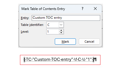 Mark Table of Contents Entry dialog in Word